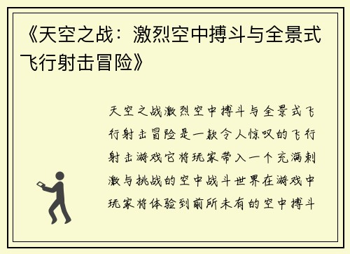 《天空之战：激烈空中搏斗与全景式飞行射击冒险》